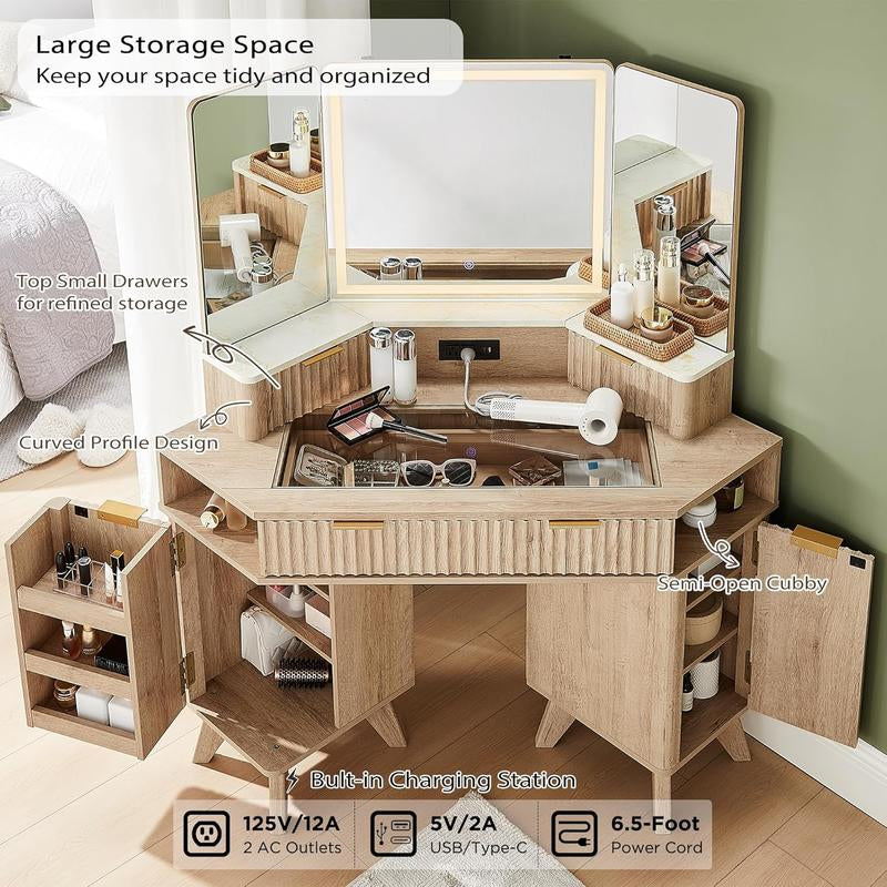 Fluted Makeup Vanity Desk with 3 Way Mirror and Lights, 48" Large Corner Vanity Table with Glass Top, Charging Station, 3 Drawers, Storage Cabinets & Shelves, for Bedroom, Natural Oak
