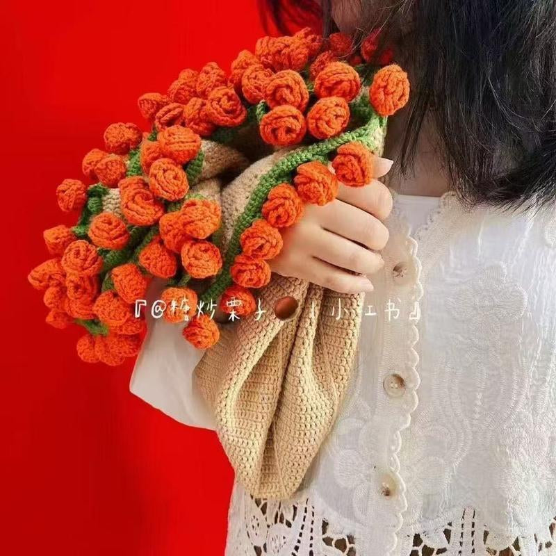 Milky White Wine Red Rose Bouquet Blanket | Handmade Crochet DIY Kit - Creative Gift Set with Rose and Lily of the Valley Crafts