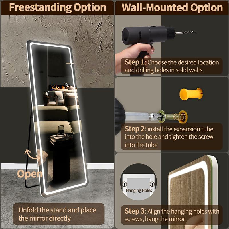 GOGOFREE Full-Length Mirror with LED Lights – 3 Adjustable Color Modes for Style & Functionality