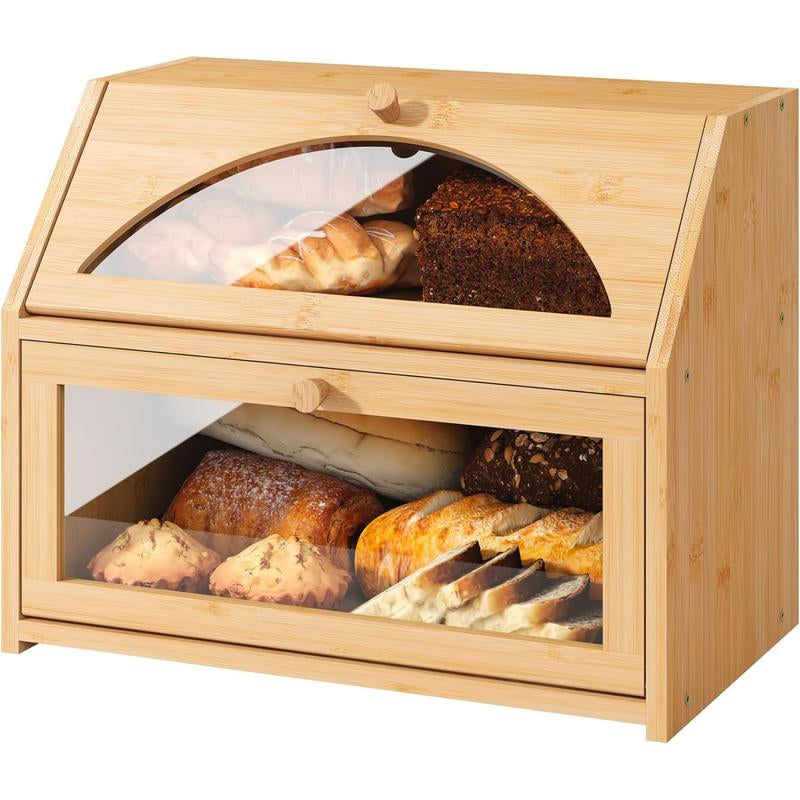 Double-Layer Bread Box for Kitchen Countertop, Large Farmhouse Bread Storage Bin, Black, Ideal for Home Cooking
