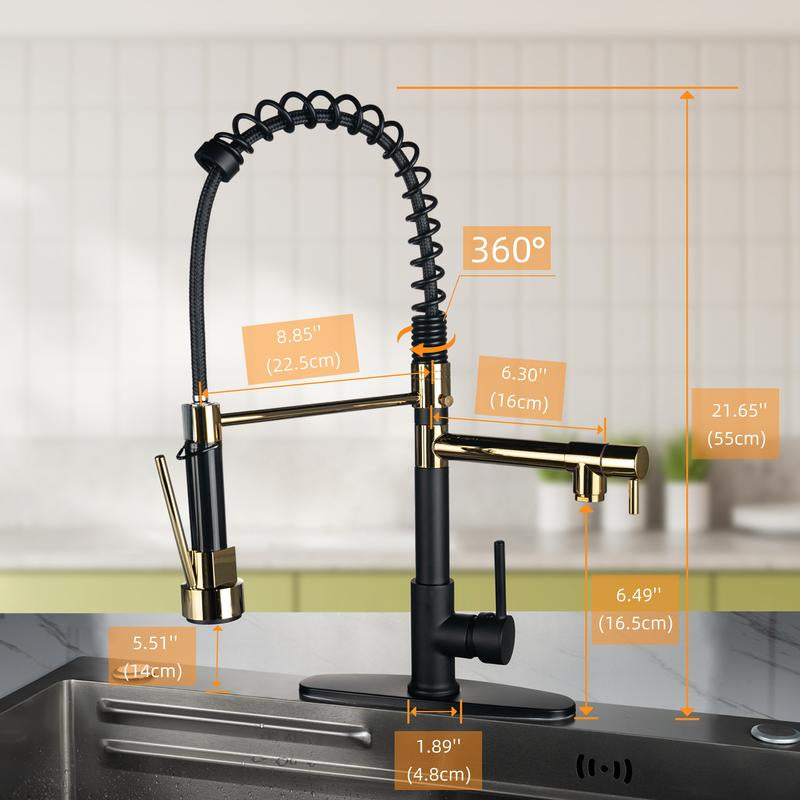 NGNP Kitchen Faucet with Pull-Down Spray, Single Handle Double Outlet Commercial Kitchen Sink Faucet, Solid Copper Body, Compatible with Deck 1 or 3 Holes Sprayer Black Steel High Arc Out