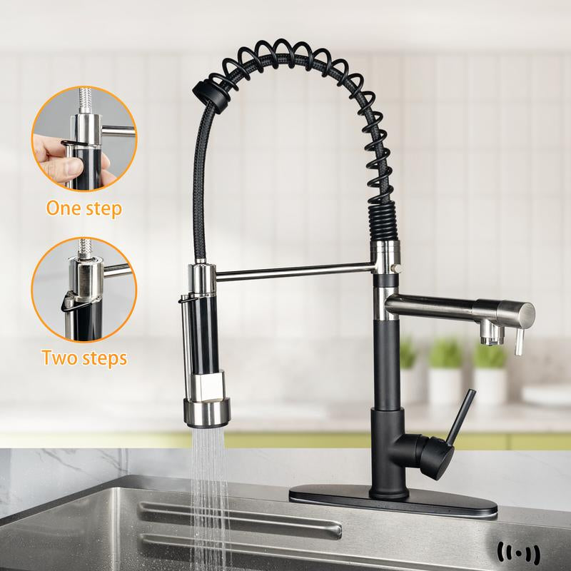 NGNP Kitchen Faucet with Pull-Down Spray, Single Handle Double Outlet Commercial Kitchen Sink Faucet, Solid Copper Body, Compatible with Deck 1 or 3 Holes Sprayer Black Steel High Arc Out