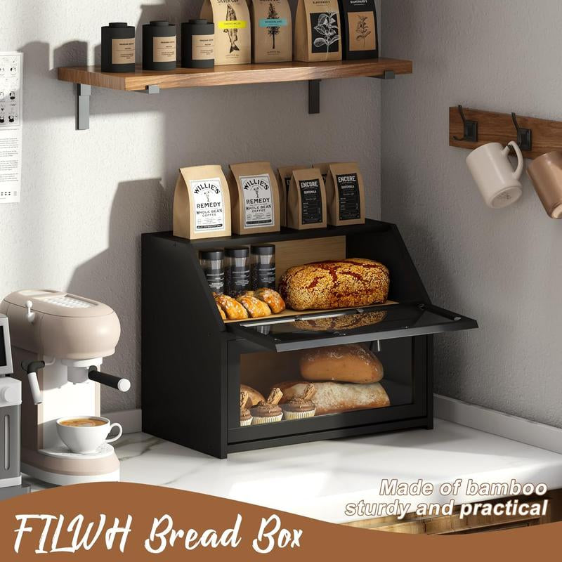 Double-Layer Bread Box for Kitchen Countertop, Large Farmhouse Bread Storage Bin, Black, Ideal for Home Cooking