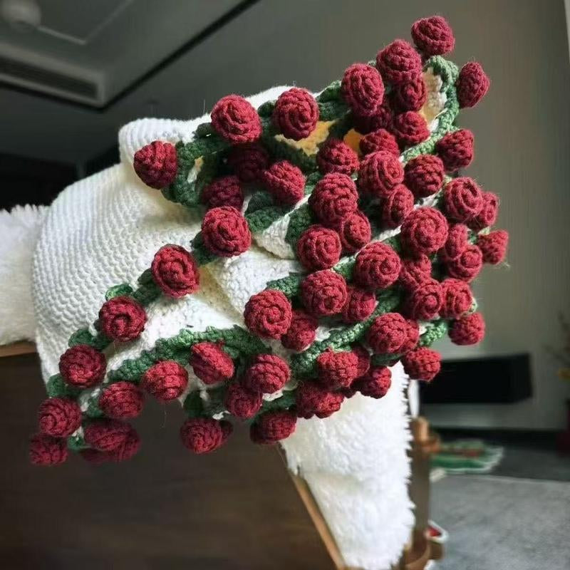 Milky White Wine Red Rose Bouquet Blanket | Handmade Crochet DIY Kit - Creative Gift Set with Rose and Lily of the Valley Crafts