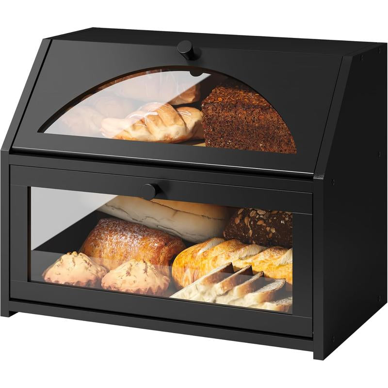 Double-Layer Bread Box for Kitchen Countertop, Large Farmhouse Bread Storage Bin, Black, Ideal for Home Cooking