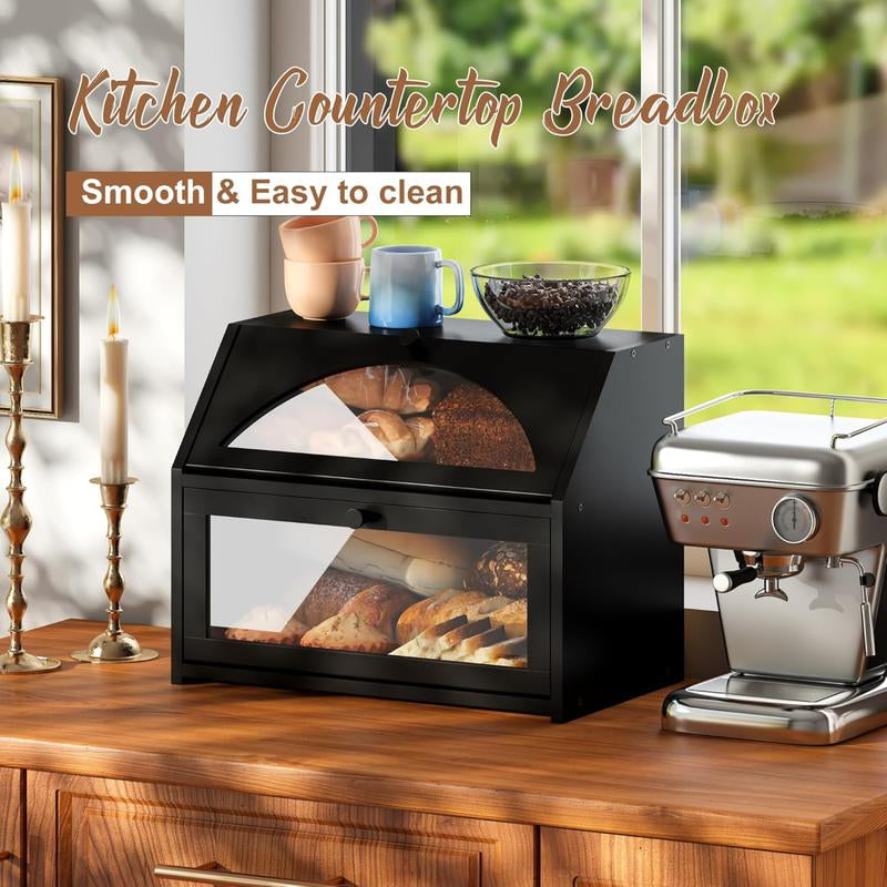 Double-Layer Bread Box for Kitchen Countertop, Large Farmhouse Bread Storage Bin, Black, Ideal for Home Cooking