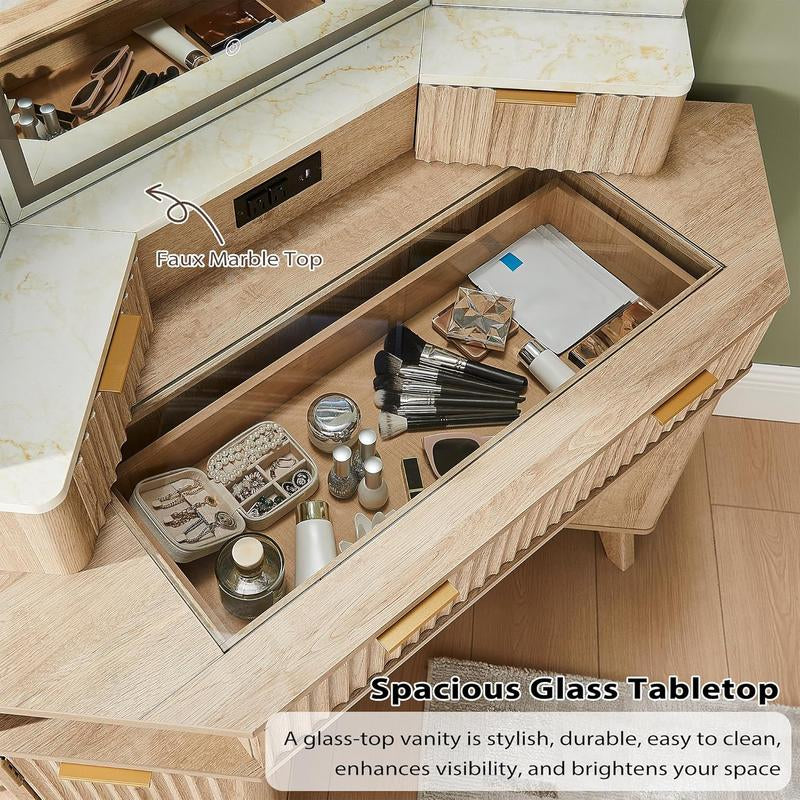 Fluted Makeup Vanity Desk with 3 Way Mirror and Lights, 48" Large Corner Vanity Table with Glass Top, Charging Station, 3 Drawers, Storage Cabinets & Shelves, for Bedroom, Natural Oak