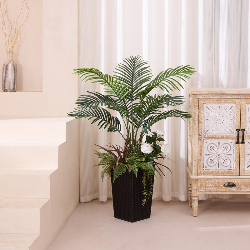Verinatural 4FT Mixed Fern and Plam Artificial Plants with Black Taper Planter for Indoor & Outdoor,Suitable beside the True Mirror
