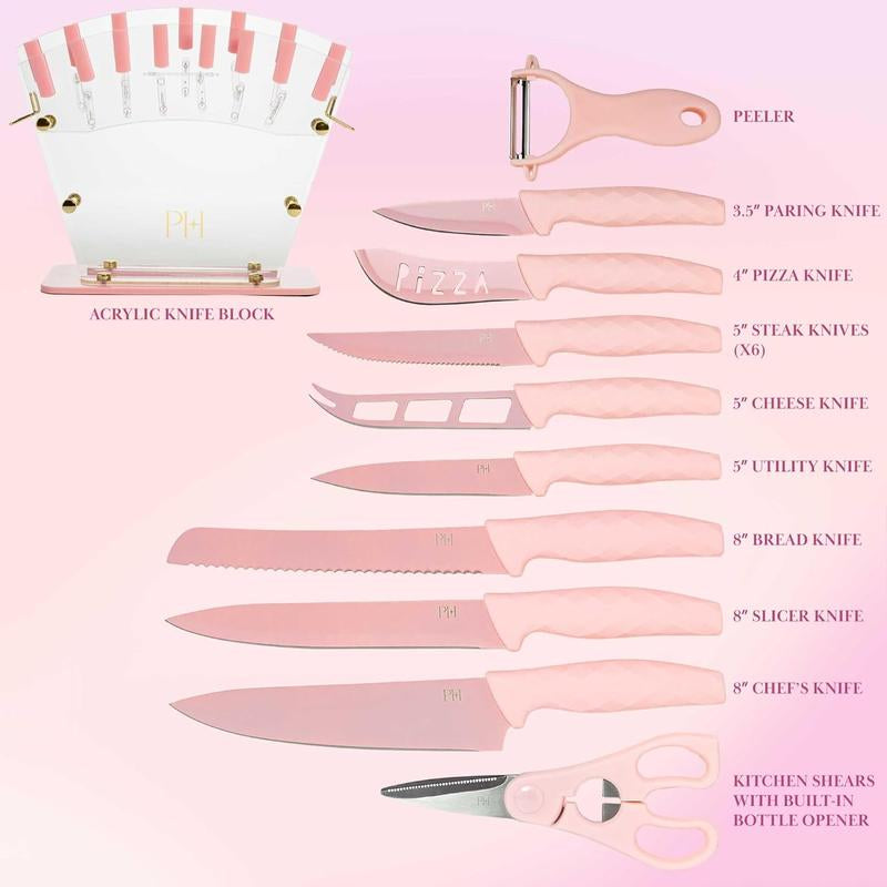 Paris Hilton Knife Block Set with Fan Style Clear Acrylic Knife Block, Premium Stainless Steel Blades with Nonstick Coating, Comfort Grip Handles, 16-Piece Set, Pink and Gold