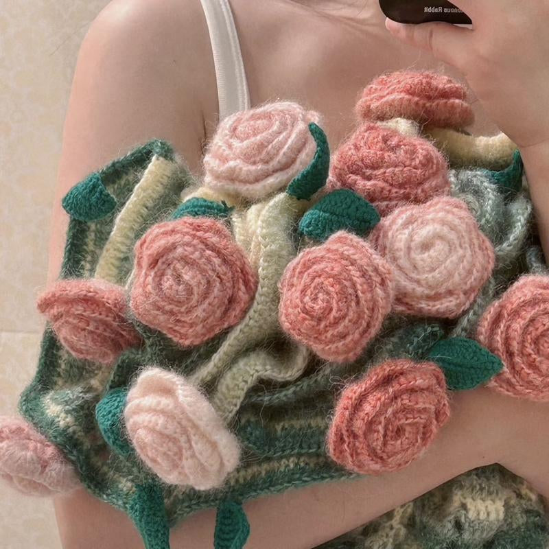 Milky White Wine Red Rose Bouquet Blanket | Handmade Crochet DIY Kit - Creative Gift Set with Rose and Lily of the Valley Crafts