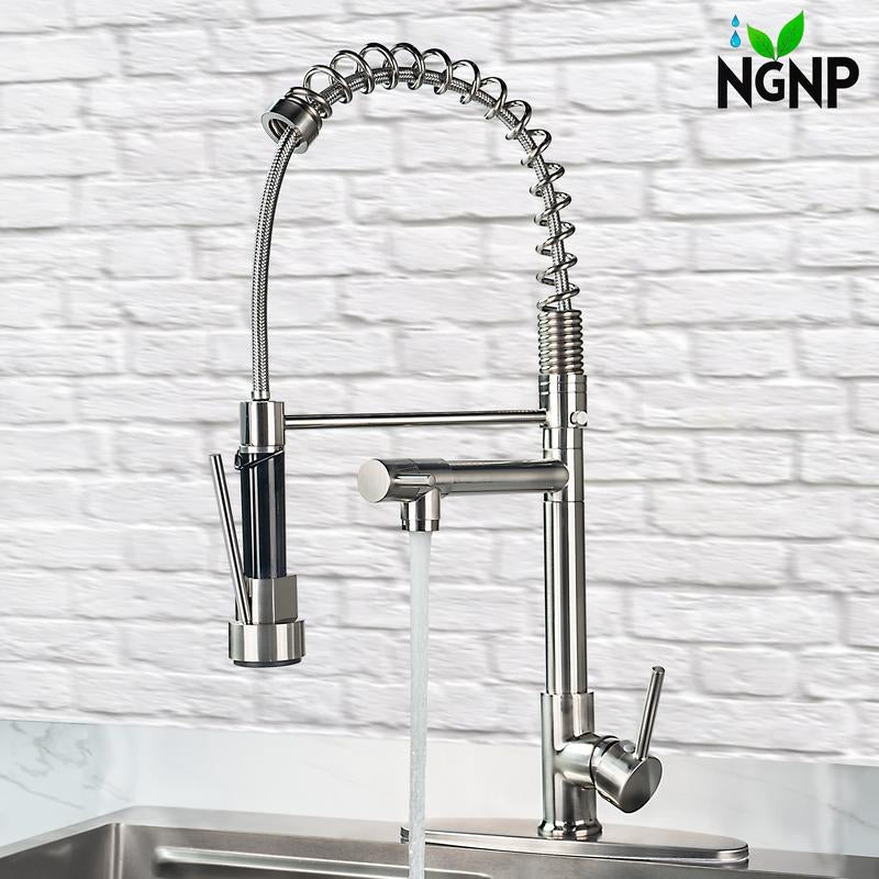 NGNP Kitchen Faucet with Pull-Down Spray, Single Handle Double Outlet Commercial Kitchen Sink Faucet, Solid Copper Body, Compatible with Deck 1 or 3 Holes Sprayer Black Steel High Arc Out