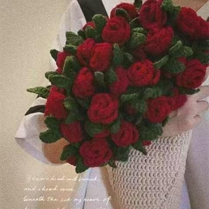 Milky White Wine Red Rose Bouquet Blanket | Handmade Crochet DIY Kit - Creative Gift Set with Rose and Lily of the Valley Crafts
