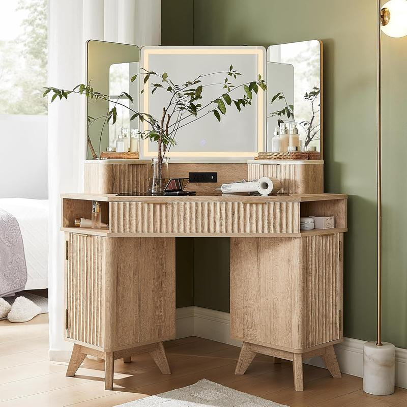 Fluted Makeup Vanity Desk with 3 Way Mirror and Lights, 48" Large Corner Vanity Table with Glass Top, Charging Station, 3 Drawers, Storage Cabinets & Shelves, for Bedroom, Natural Oak