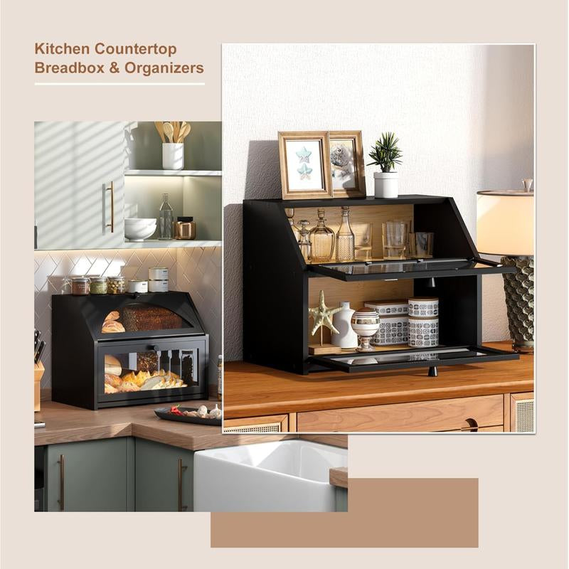 Double-Layer Bread Box for Kitchen Countertop, Large Farmhouse Bread Storage Bin, Black, Ideal for Home Cooking