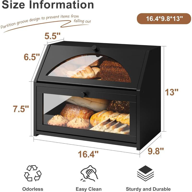Double-Layer Bread Box for Kitchen Countertop, Large Farmhouse Bread Storage Bin, Black, Ideal for Home Cooking