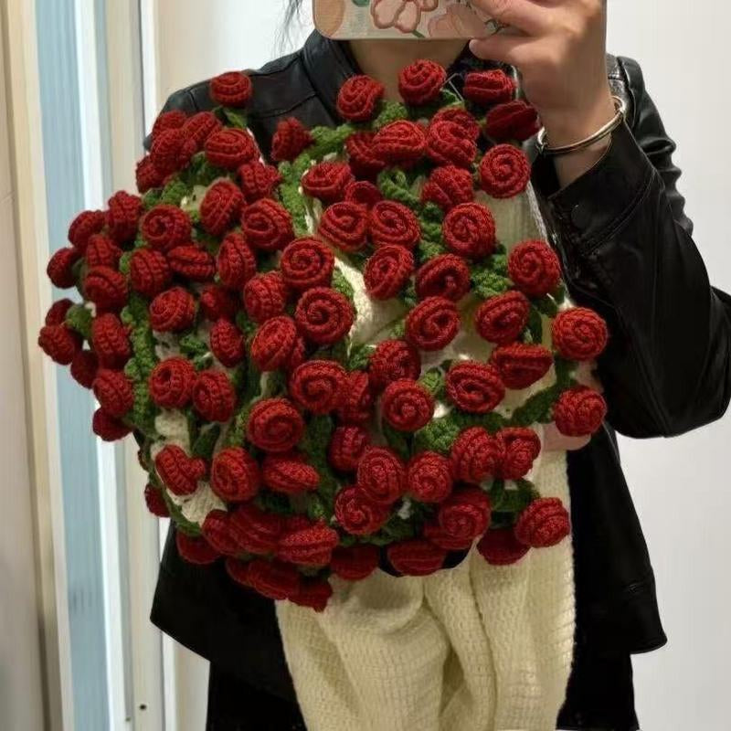Milky White Wine Red Rose Bouquet Blanket | Handmade Crochet DIY Kit - Creative Gift Set with Rose and Lily of the Valley Crafts