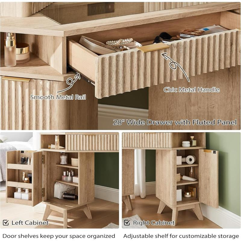 Fluted Makeup Vanity Desk with 3 Way Mirror and Lights, 48" Large Corner Vanity Table with Glass Top, Charging Station, 3 Drawers, Storage Cabinets & Shelves, for Bedroom, Natural Oak