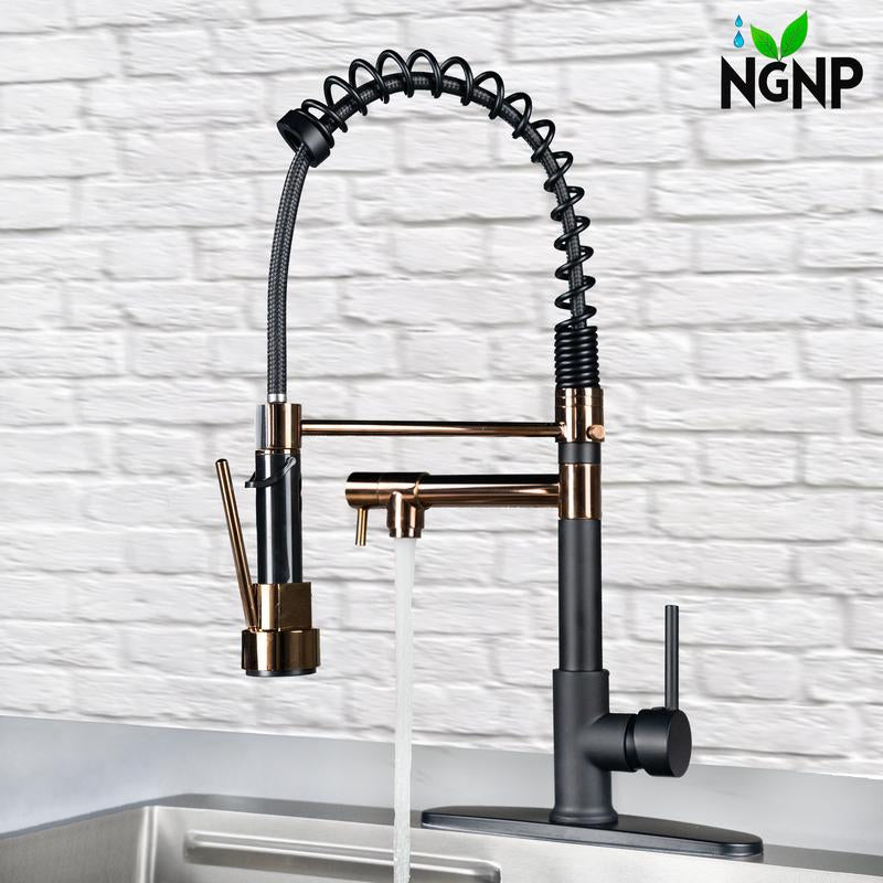 NGNP Kitchen Faucet with Pull-Down Spray, Single Handle Double Outlet Commercial Kitchen Sink Faucet, Solid Copper Body, Compatible with Deck 1 or 3 Holes Sprayer Black Steel High Arc Out
