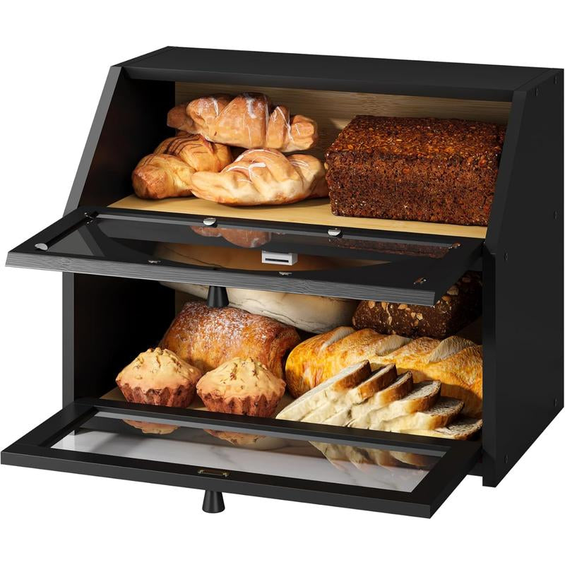 Double-Layer Bread Box for Kitchen Countertop, Large Farmhouse Bread Storage Bin, Black, Ideal for Home Cooking