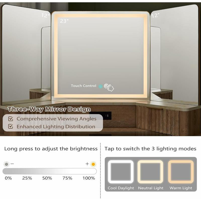 Fluted Makeup Vanity Desk with 3 Way Mirror and Lights, 48" Large Corner Vanity Table with Glass Top, Charging Station, 3 Drawers, Storage Cabinets & Shelves, for Bedroom, Natural Oak
