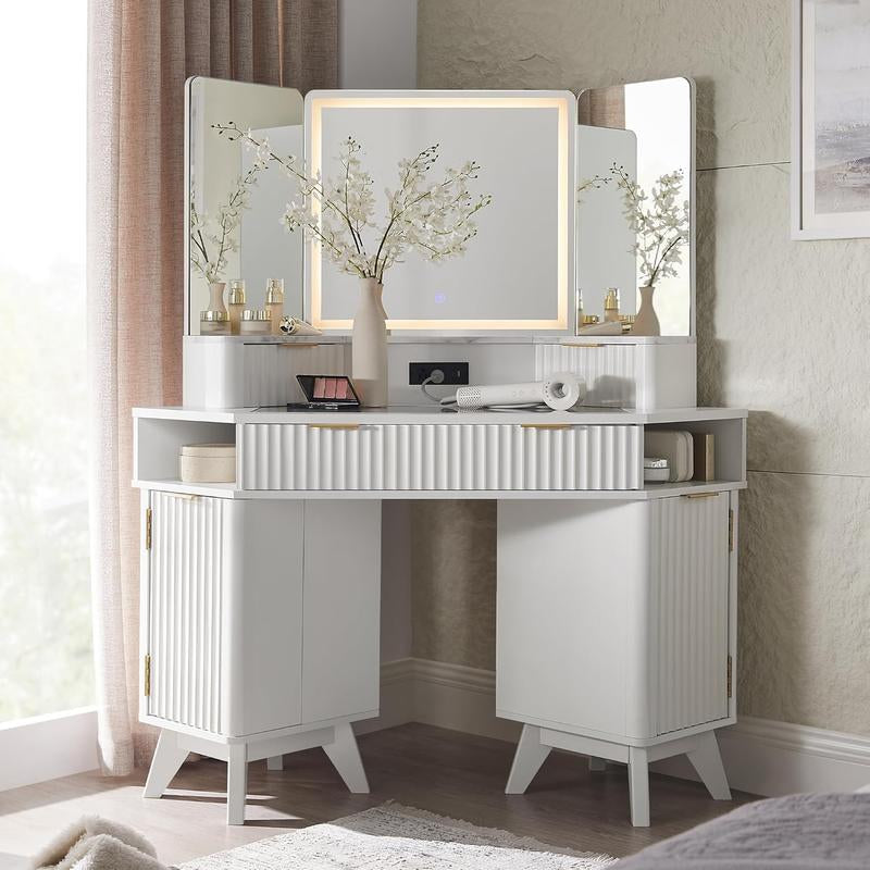 Fluted Makeup Vanity Desk with 3 Way Mirror and Lights, 48" Large Corner Vanity Table with Glass Top, Charging Station, 3 Drawers, Storage Cabinets & Shelves, for Bedroom, Natural Oak