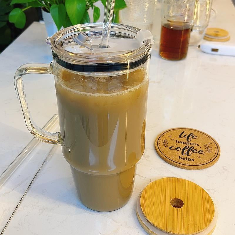 40Oz Glass Tumbler with Leakproof Plastic Lid & Straw – Spill-Proof Design, Easy to Clean, No Mold! Reusable Iced Coffee Cup for Car, Summer Drinkware, Durable Bpa-Free Travel Mug with Handle – Great Gift for Dad, Mom, Easter & Holidays Water Bottles