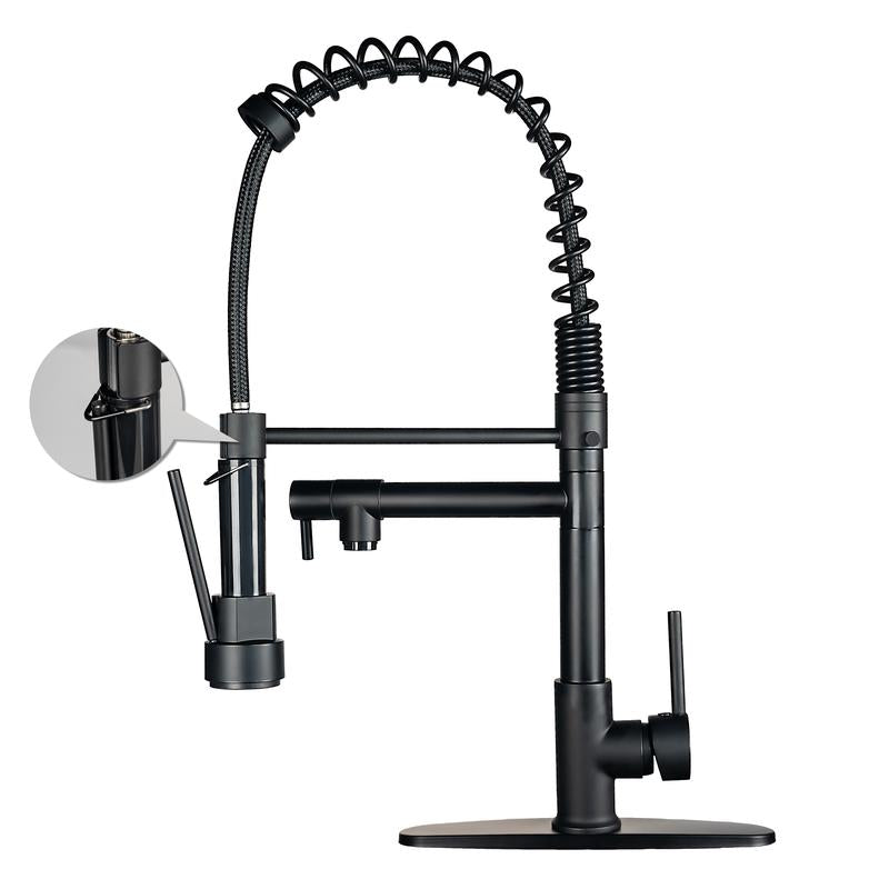 NGNP Kitchen Faucet with Pull-Down Spray, Single Handle Double Outlet Commercial Kitchen Sink Faucet, Solid Copper Body, Compatible with Deck 1 or 3 Holes Sprayer Black Steel High Arc Out