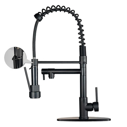 NGNP Kitchen Faucet with Pull-Down Spray, Single Handle Double Outlet Commercial Kitchen Sink Faucet, Solid Copper Body, Compatible with Deck 1 or 3 Holes Sprayer Black Steel High Arc Out