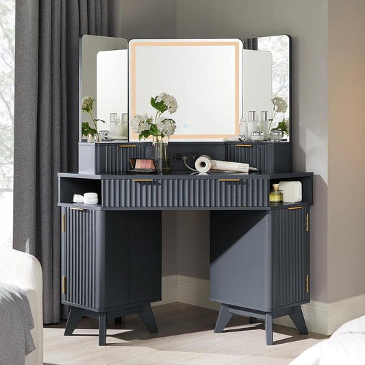 Fluted Makeup Vanity Desk with 3 Way Mirror and Lights, 48" Large Corner Vanity Table with Glass Top, Charging Station, 3 Drawers, Storage Cabinets & Shelves, for Bedroom, Natural Oak