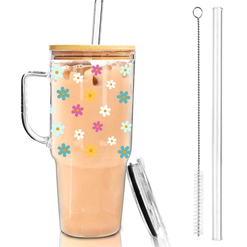40Oz Glass Tumbler with Leakproof Plastic Lid & Straw – Spill-Proof Design, Easy to Clean, No Mold! Reusable Iced Coffee Cup for Car, Summer Drinkware, Durable Bpa-Free Travel Mug with Handle – Great Gift for Dad, Mom, Easter & Holidays Water Bottles
