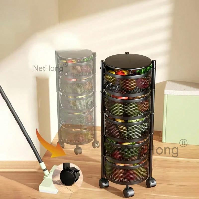 3/4/5 Tier Kitchen Rotating Storage Trolley Cart Utility Vegetable Mobile Shelf Rack