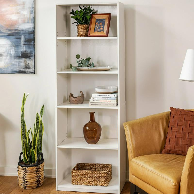 The 5 Drawer Bookcase with Adjustable Shelves Is a Sturdy Storage Unit with a Closed Back Design. the Cabinet Has a Glossy White Finish and Is Perfect for Storing Books, Papers and Decorative Items. the Bookcase Mounts to the Wall.