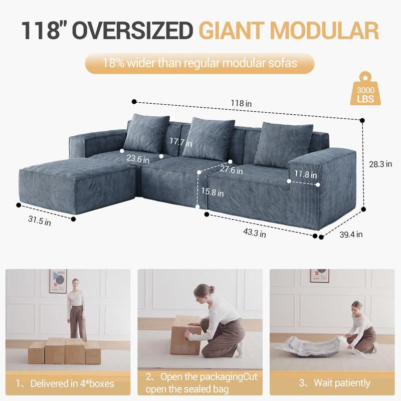 【Multi-Parcel Delivery】Dipu-Home. 118-Inch Modular Sofa Can Be Converted into an Oversized Sofa Bed - Free Conversion Sofa Set Flexible Configuration, Soft Corduroy Cloud Velvet Fabric, High-Density Rebound Sponge, No Assembly Required, 4-Seater