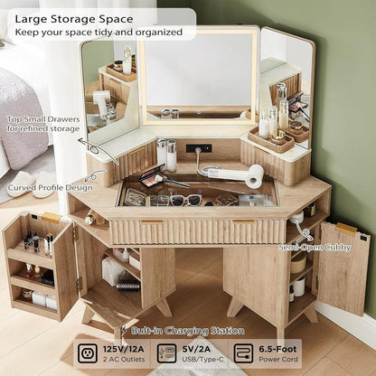 Fluted Makeup Vanity Desk with 3 Way Mirror and Lights, 48" Large Corner Vanity Table with Glass Top, Charging Station, 3 Drawers, Storage Cabinets & Shelves, for Bedroom, Natural Oak