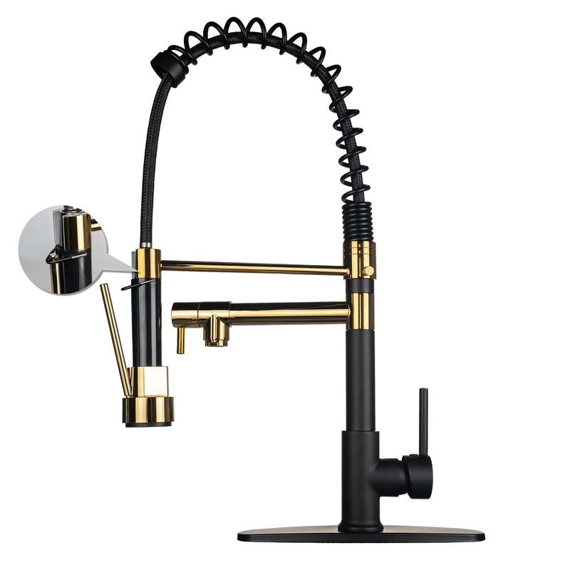 NGNP Kitchen Faucet with Pull-Down Spray, Single Handle Double Outlet Commercial Kitchen Sink Faucet, Solid Copper Body, Compatible with Deck 1 or 3 Holes Sprayer Black Steel High Arc Out
