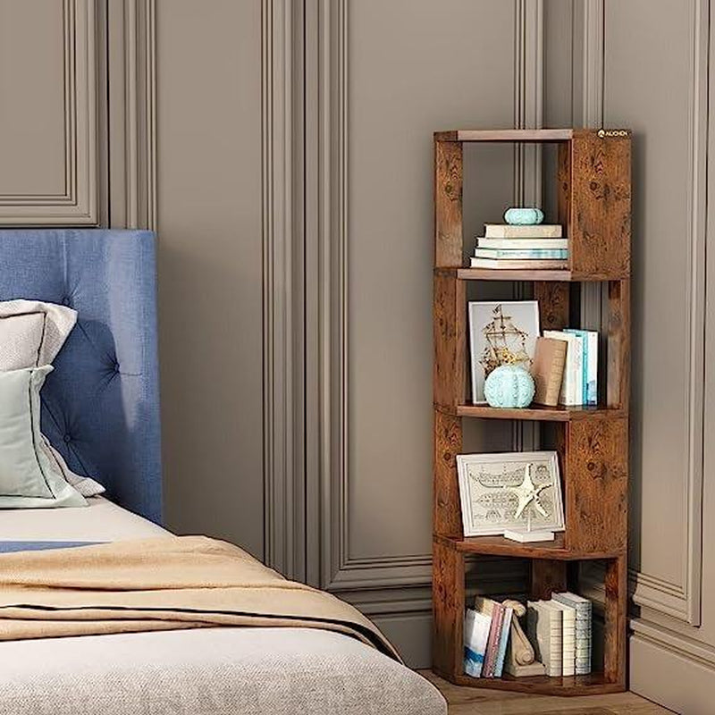 5-Tier Corner Shelf Wooden Bookcase ，Standing Tall Corner Bookshelf Display Unit Storage Rack， Living Room and Home Office Furniture