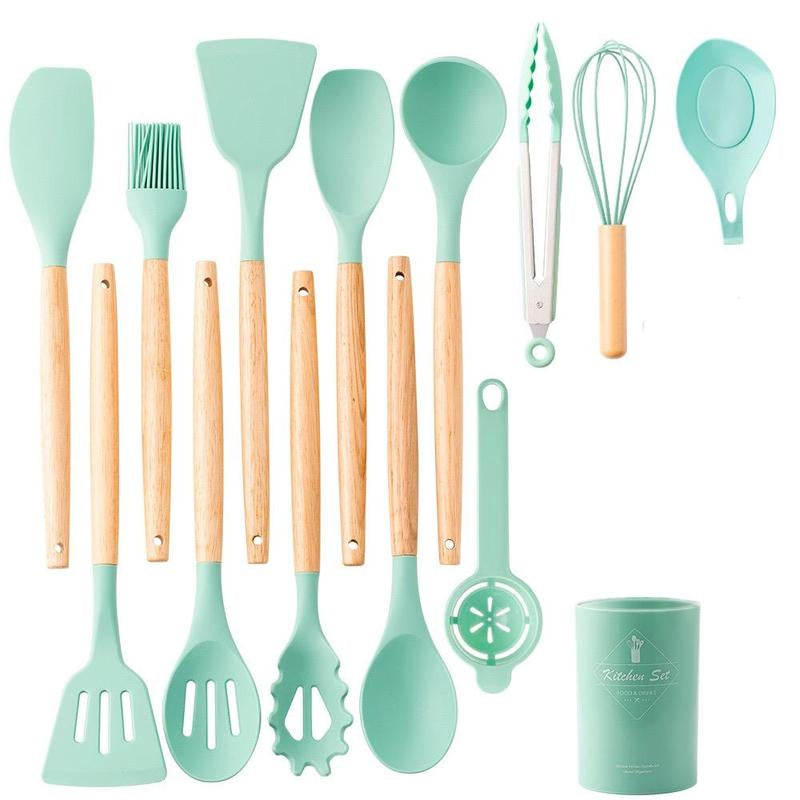 Silicone Kitchen Utensils Set, 14Pcs/Set Wooden Handle Non-Stick Baking Tool Set, Portable Home Kitchen Gadgets, Multifunctional Household Kitchen Set for Cooking & Baking