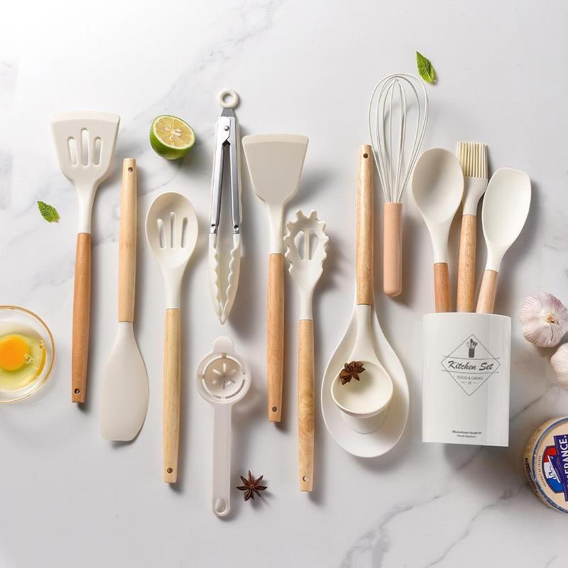 Silicone Kitchen Utensils Set, 14Pcs/Set Wooden Handle Non-Stick Baking Tool Set, Portable Home Kitchen Gadgets, Multifunctional Household Kitchen Set for Cooking & Baking