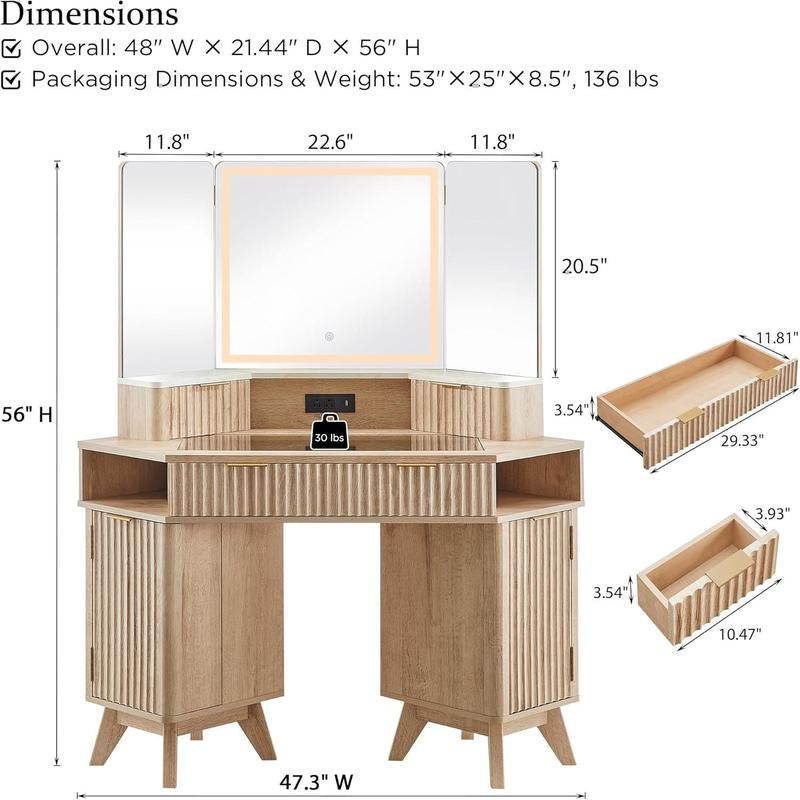 Fluted Makeup Vanity Desk with 3 Way Mirror and Lights, 48" Large Corner Vanity Table with Glass Top, Charging Station, 3 Drawers, Storage Cabinets & Shelves, for Bedroom, Natural Oak
