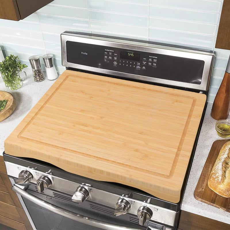 Stove Cover Board for Gas Stovetop - Raised Cutting Board with Legs and Juice Grooves, Adjustable Noodle Board Stove Cover for RV Stove Top (29.52"X21.65") Chopping Kitchen Knives Bamboo Oil Wooden
