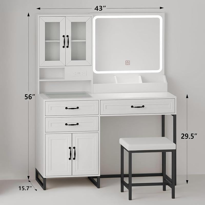 Large Makeup Vanity Desk with Mirror, Lights, and Glass Top Storage, Modern Furniture with Drawers Dresser and Bench for Bedroom, Charging Station