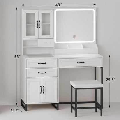 Large Makeup Vanity Desk with Mirror, Lights, and Glass Top Storage, Modern Furniture with Drawers Dresser and Bench for Bedroom, Charging Station