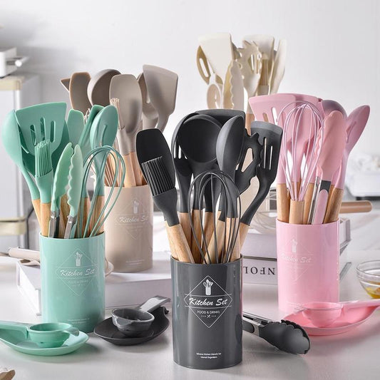 Silicone Kitchen Utensils Set, 14Pcs/Set Wooden Handle Non-Stick Baking Tool Set, Portable Home Kitchen Gadgets, Multifunctional Household Kitchen Set for Cooking & Baking