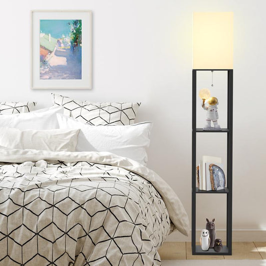 Column Floor Lamp with Shelves, Real Solid Wood and Bulb Included
