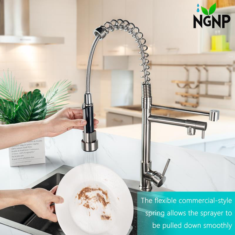 NGNP Kitchen Faucet with Pull-Down Spray, Single Handle Double Outlet Commercial Kitchen Sink Faucet, Solid Copper Body, Compatible with Deck 1 or 3 Holes Sprayer Black Steel High Arc Out