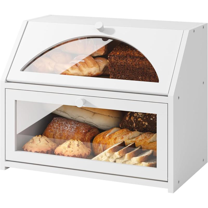 Double-Layer Bread Box for Kitchen Countertop, Large Farmhouse Bread Storage Bin, Black, Ideal for Home Cooking