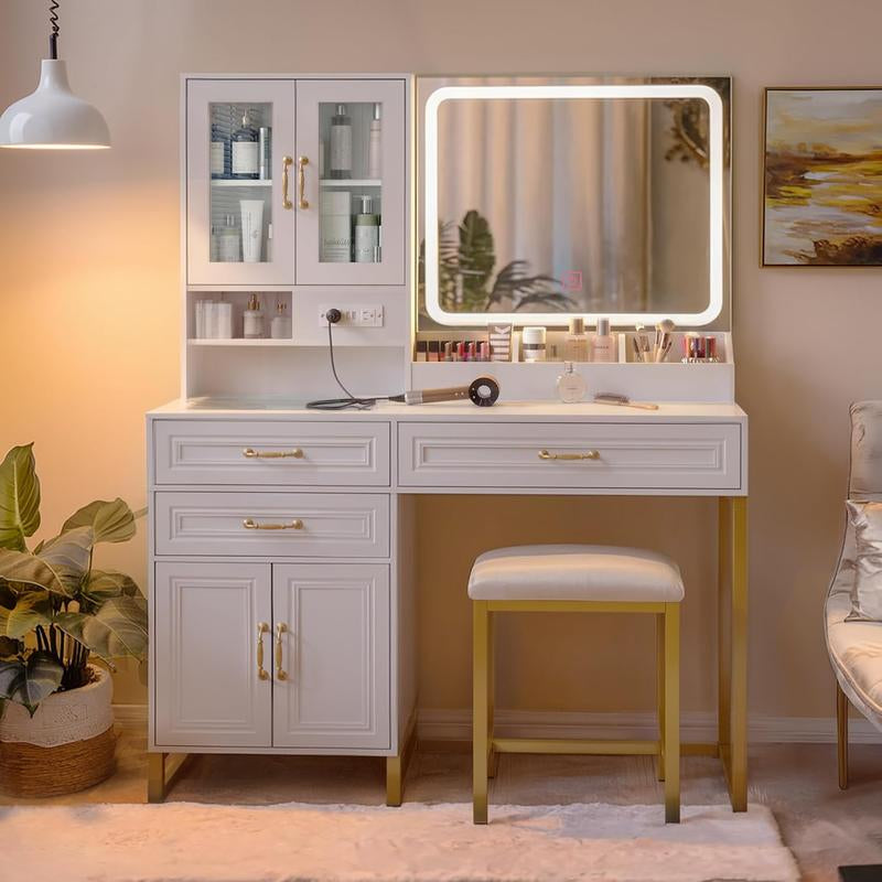 Large Makeup Vanity Desk with Mirror, Lights, and Glass Top Storage, Modern Furniture with Drawers Dresser and Bench for Bedroom, Charging Station