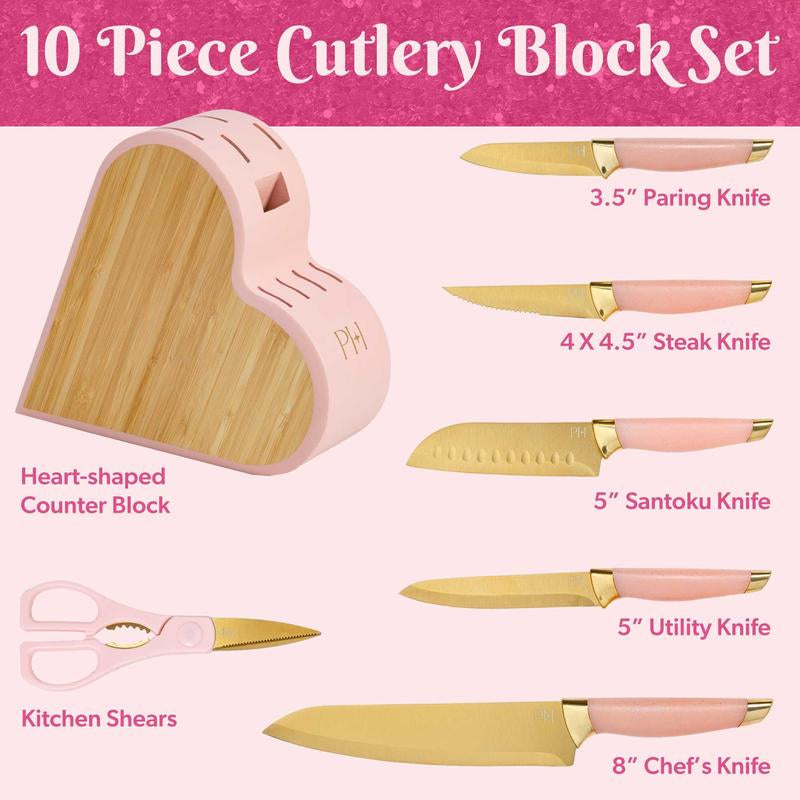Paris Hilton 10-Piece Heart-Shaped Stainless Steel Knife Block Set, Pink, Kitchen Essential