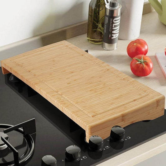 Stove Cover Board for Gas Stovetop - Raised Cutting Board with Legs and Juice Grooves, Adjustable Noodle Board Stove Cover for RV Stove Top (29.52"X21.65") Chopping Kitchen Knives Bamboo Oil Wooden