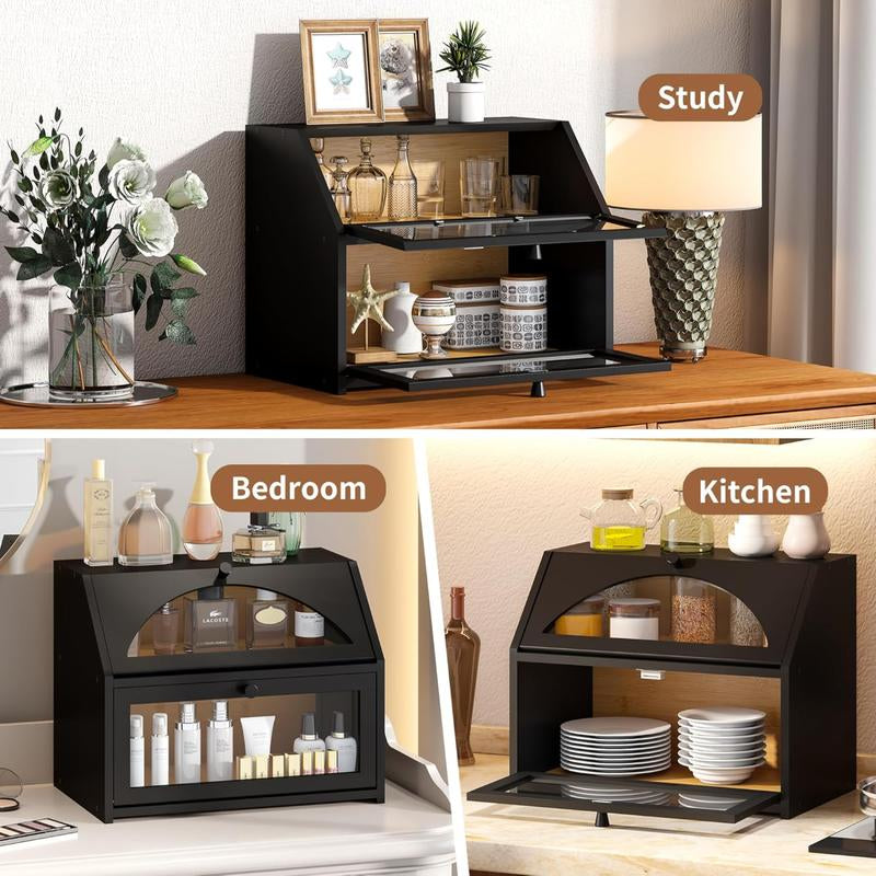 Double-Layer Bread Box for Kitchen Countertop, Large Farmhouse Bread Storage Bin, Black, Ideal for Home Cooking